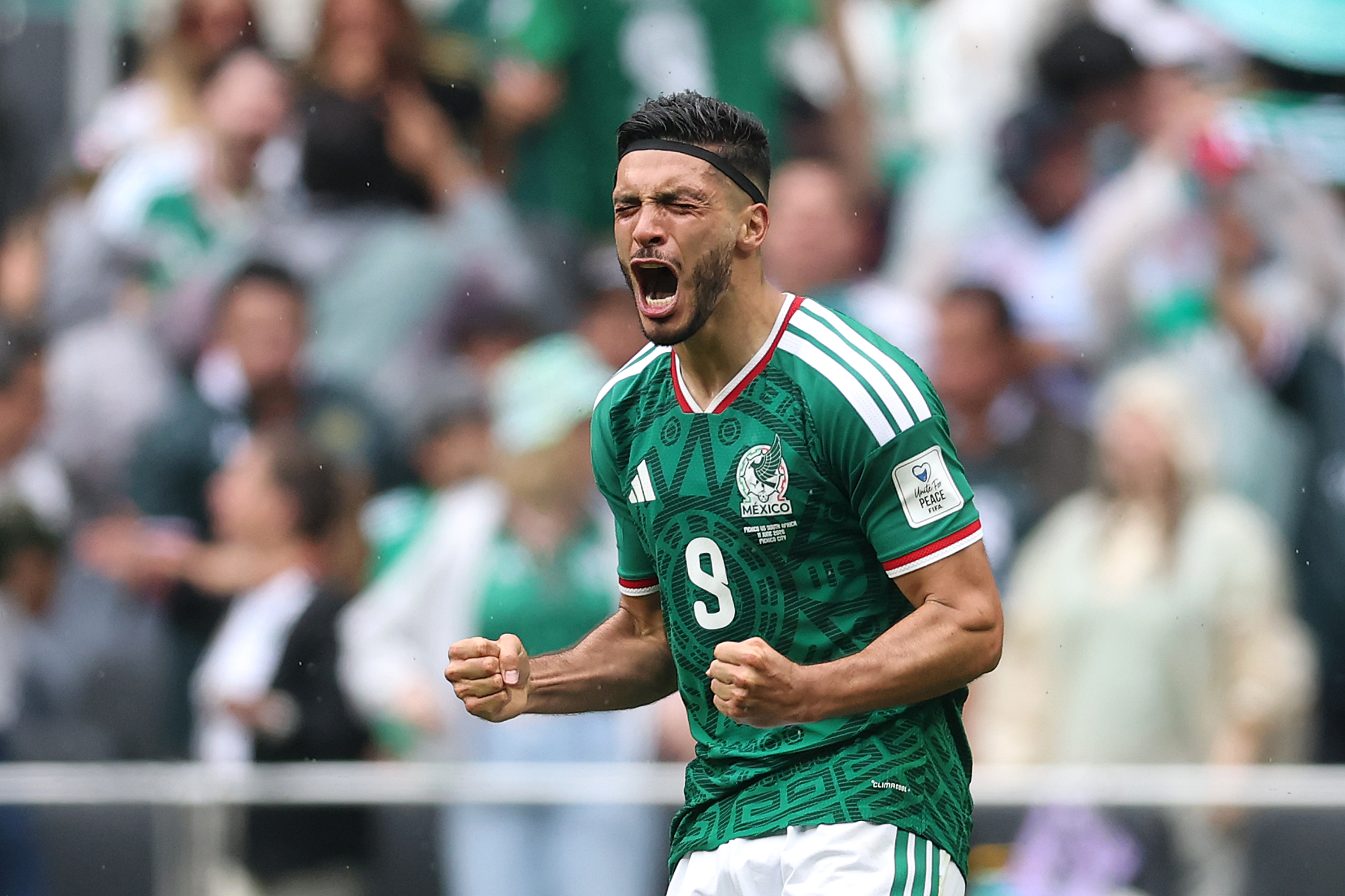 Mexico striker Raul Jimenez celebrates his goal against South Africa