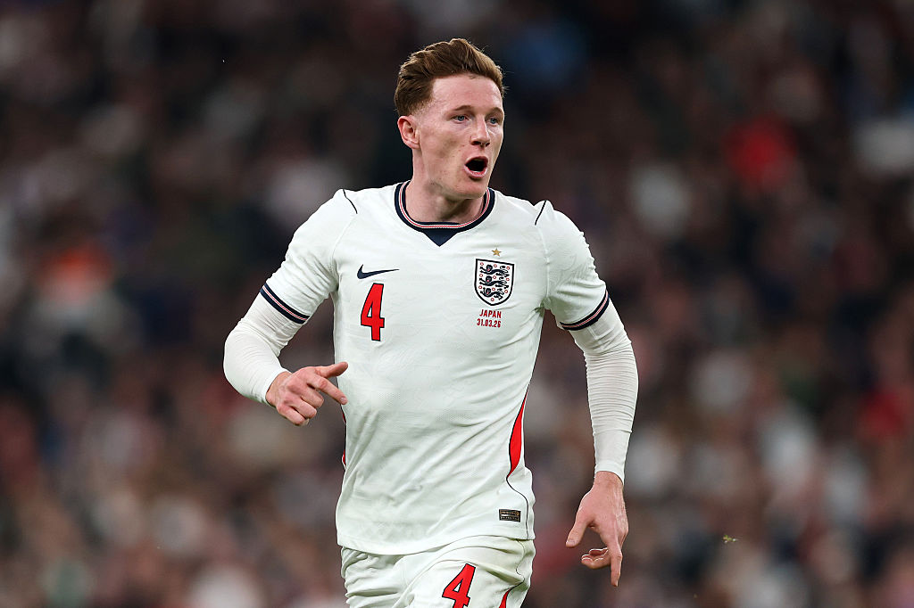 Elliot Anderson of England running, mid-shout.