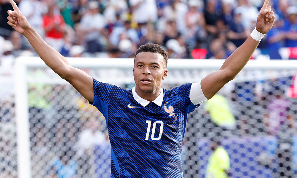 Kylian Mbappe of France celebrates his goal during the FIFA World Cup 2026 Round of 32 football match between France and Sweden at New York New Jersey Stadium.
