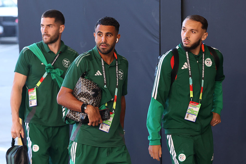 SANTA CLARA, CALIFORNIA - JUNE 22: Luca Zidane #23, Riyad Mahrez #7 and Amine Gouiri #9 of Algeria arrive before the FIFA World Cup 2026 Group J match between Jordan and Algeria at San Francisco Bay Area Stadium on June 22, 2026 in Santa Clara, California. (Photo by Stu Forster/Getty Images)