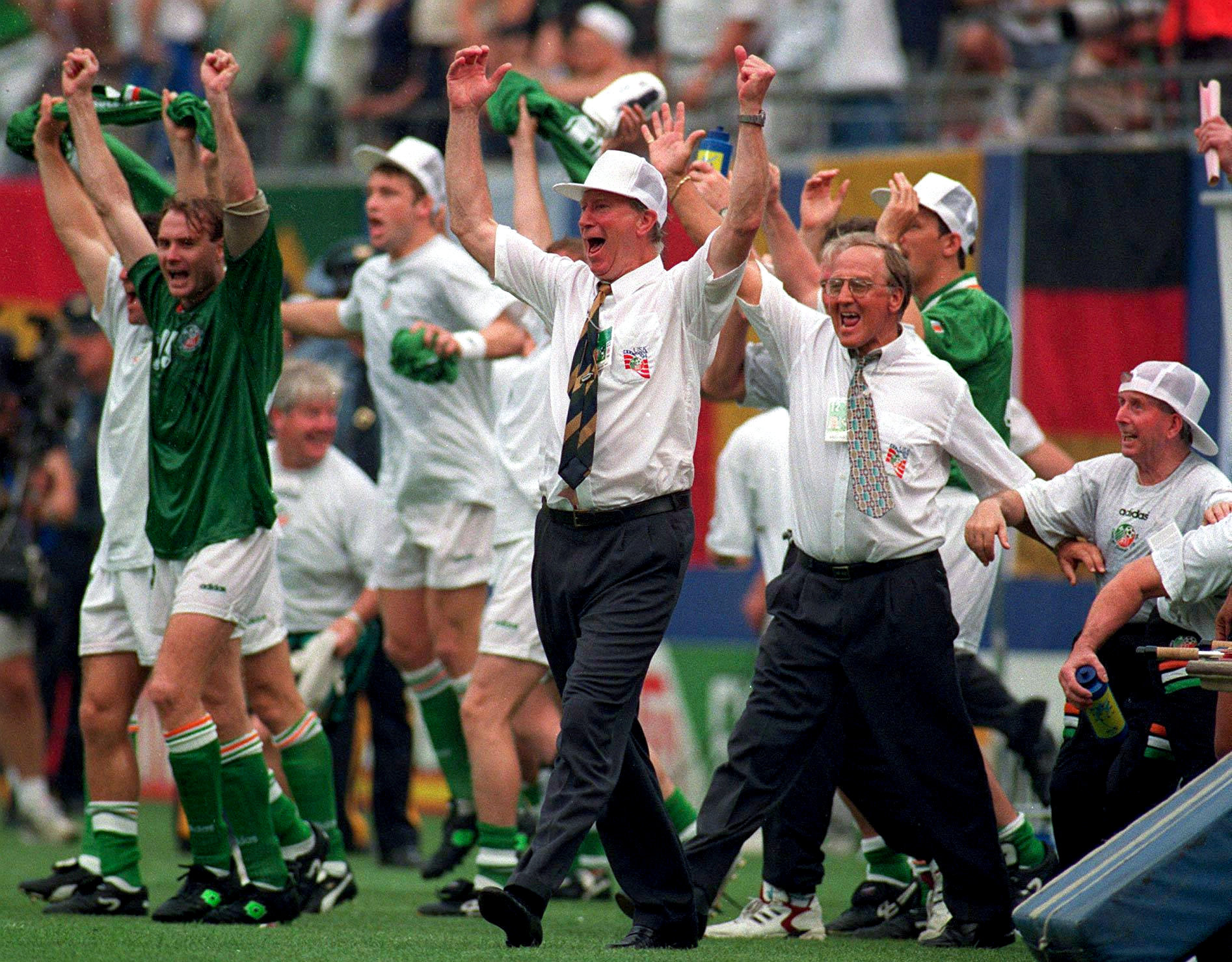 New Jersey , United States - 18 June 1994; Republic of Ireland manager Jack Charlton celebrates his side's victory following the FIFA World Cup 1994 Group E match between Republic of Ireland and Italy at Giants Stadium in New Jersey, USA. (Photo By Ray McManus/Sportsfile via Getty Images)