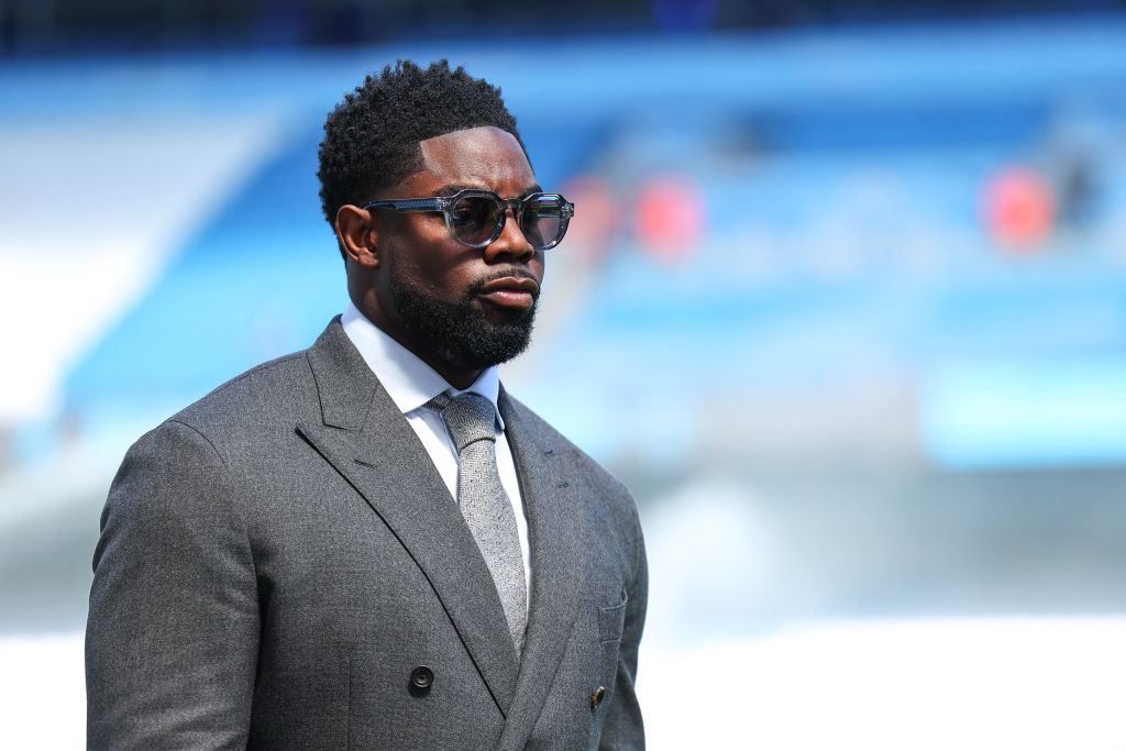 Micah Richards presenting for Sky Sports ahead of the Premier League match between Manchester City and West Ham United at Etihad Stadium on May 19, 2024(Photo by Robbie Jay Barratt - AMA/Getty Images)