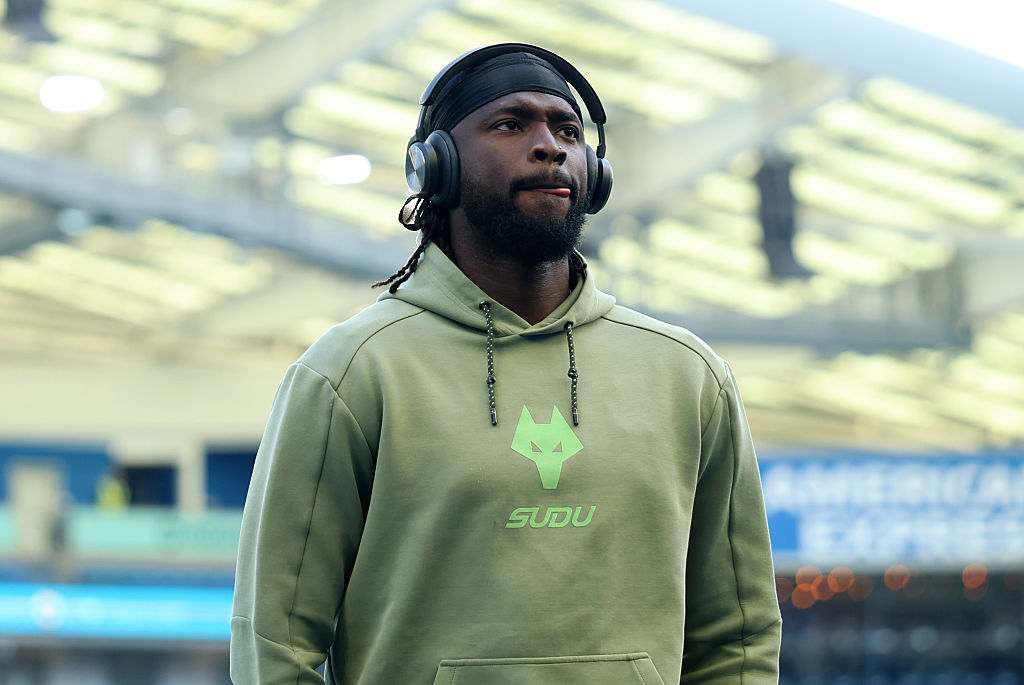 BRIGHTON, ENGLAND - MAY 09: Tolu Arokodare of Wolverhampton Wanderers inspects the pitch prior to the Premier League match between Brighton & Hove Albion and Wolverhampton Wanderers at Amex Stadium on May 09, 2026 in Brighton, England. (Photo by Brett Patzke - WWFC/Wolves via Getty Images)